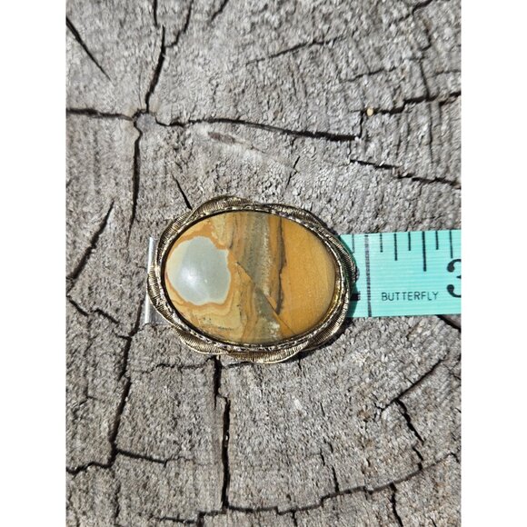 Large Picture Jasper Brooch Pendant Gold Tone Polished Oval Cabochon Brutalist - Picture 10 of 10